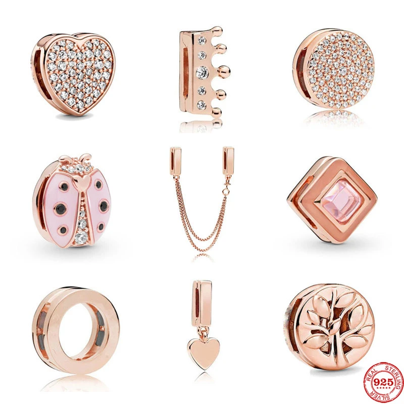 2021 new Rose Gold  Reflections Clip Beads Charms ladybug heart round pave Fit Original Pandora Women Bracelet