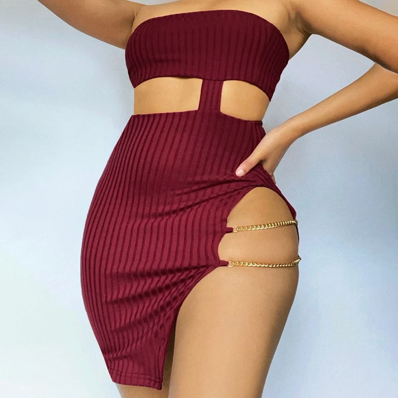 Irregular Knitting Mini Dress Spring Summer Newest Stylish Tube Top Hollow Out Split Ribbed Chain Sexy Bodycon Bandage Vestidos