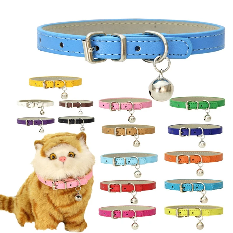 Cute Cat Collar Solid Faux Leather Adjustable Pet Collars with Bells Cats Products for Pets Dog Accessories