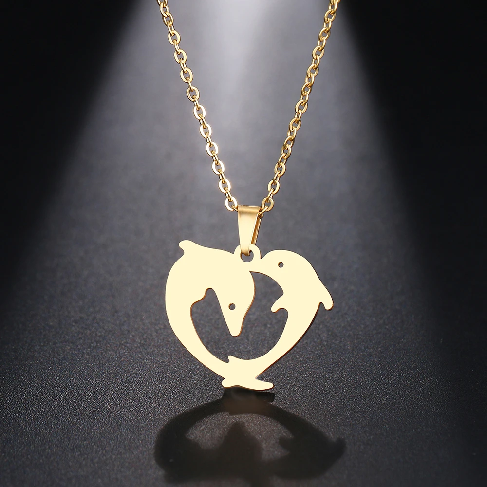 DOTIFI  Stainless Steel Necklace For Women Man Playful Couple Dolphin Pendant Necklace Engagement Jewelry