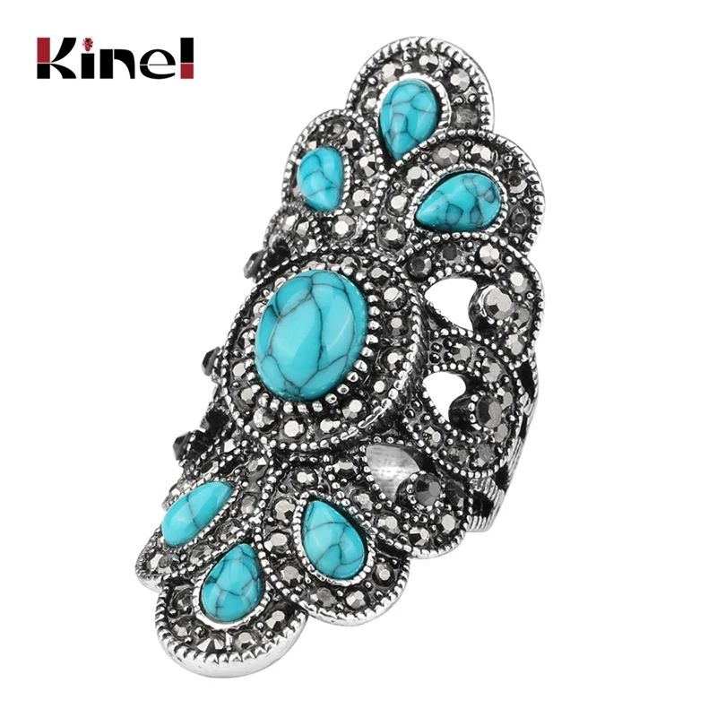 Kinel Luxury Antique Ring For Women Vintage Look Blue Resin Jewelry Bohemian Silver Color Inlay AAA Gray Crystal Charm Punk Ring