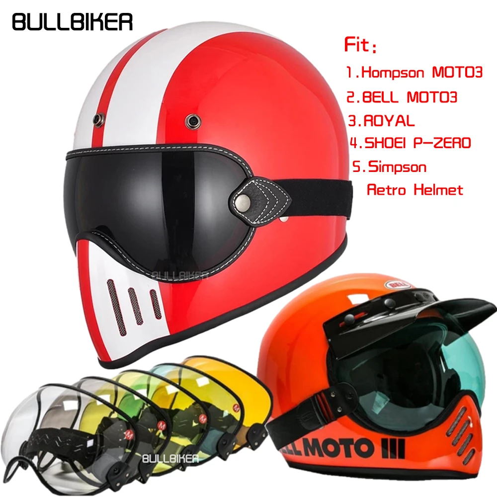 BULLBIKER Motorcycle Helmet Bubble Visor Lens Goggles For BELL MOTO 3/ROYAL/SHOEI P-ZERO/Simpson Retro Helmet Glasses Equipment