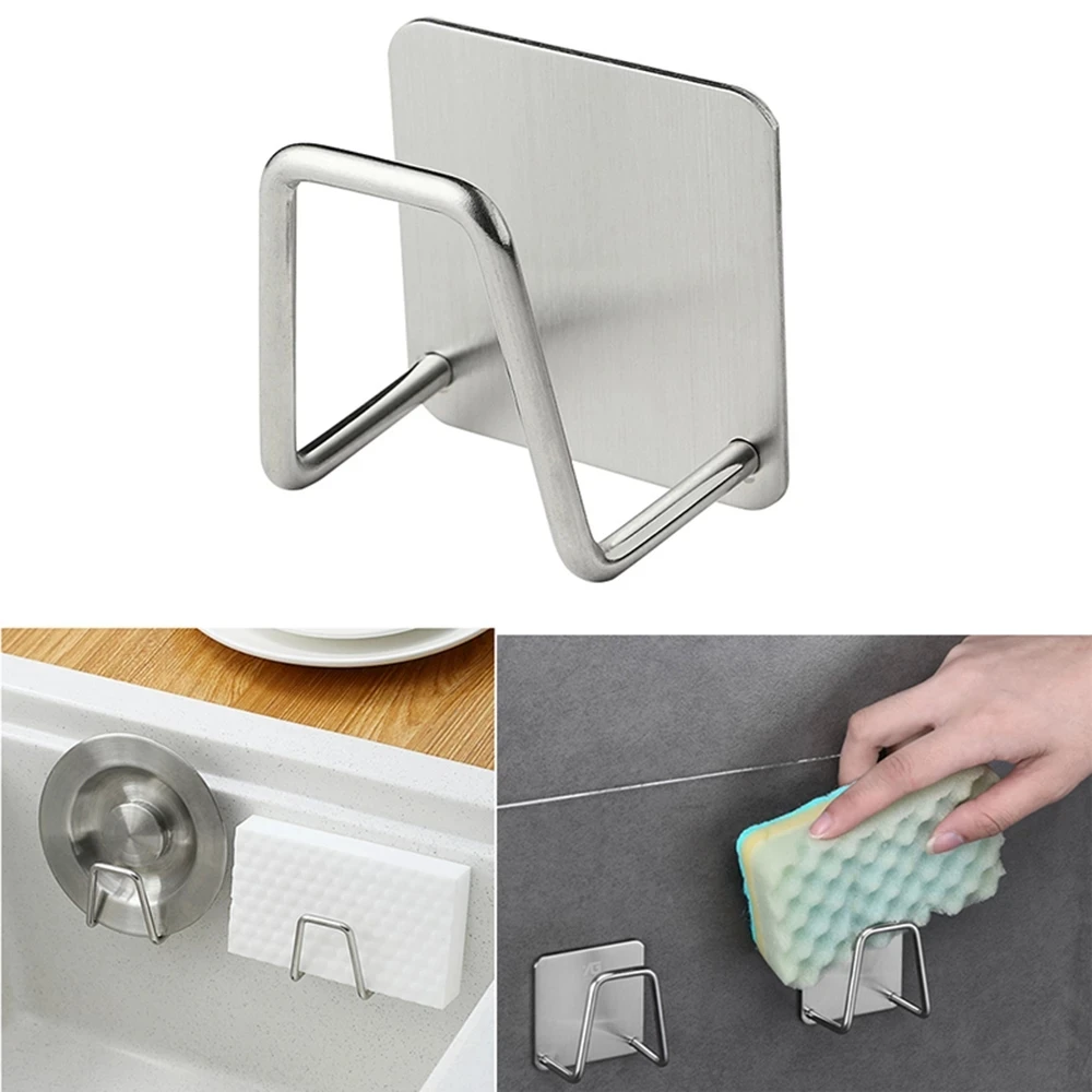 Kitchen Stainless Steel Sponges Holder Self Adhesive Sink Sponges Drain Drying Rack Kitchen Sink Accessories Storage Organizer