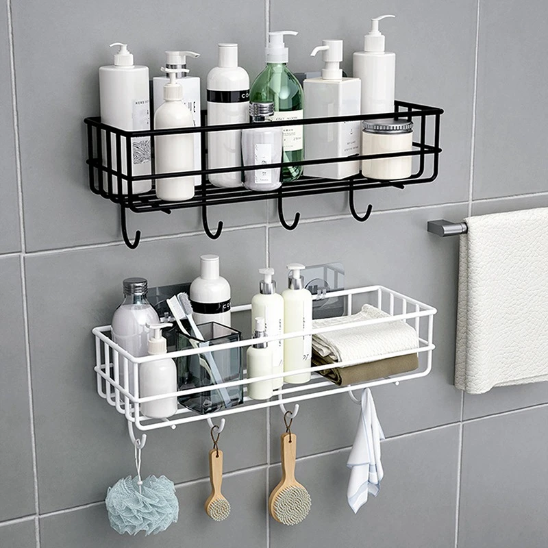 Wall Mounted Bathroom Shelf Floating Shelves Shower Hanging Basket Shampoo Holders WC Accessories Kitchen Seasoning Storage Rack