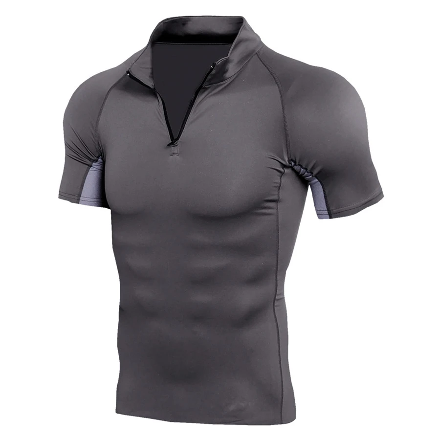 New Running Shirt Men Bodybuilding Sport T-shirt  Quick Dry Zipper Solid Color Short Sleeve Fitness Tight Gym Clothing