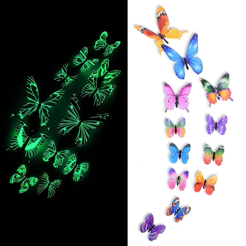 12/24Pcs Lifelike 3D Multicolor Butterfly Wall Stickers Luminous Butterfly Sticker Home Festival DIY Decor Glow In The Dark