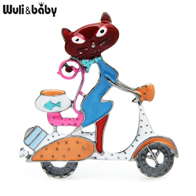 Wuli&baby Enamel Cat Brooches For Women Riding Motorbike Take Fish Cat Animal Paty Casual Brooch Pins Gifts