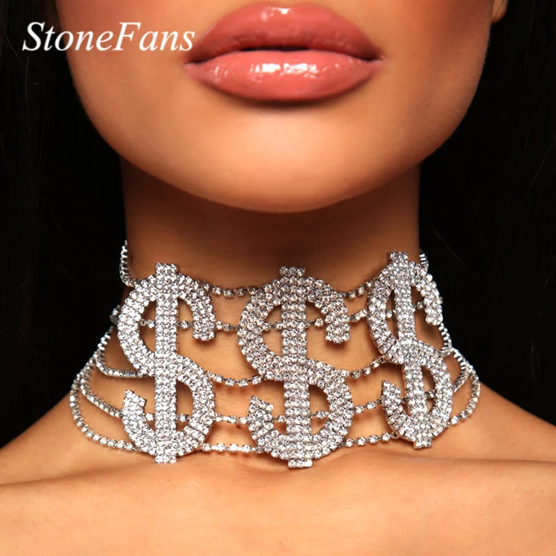 Stonefans Big Money Dollar Rhinestone Necklace Statement Choker for Women Fashion Crystal Collar Necklace Chain Party Jewelry