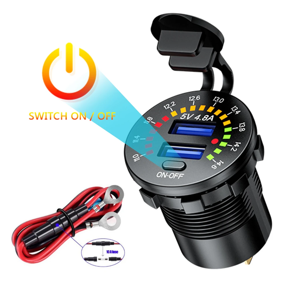 Waterproof Car Motorcycle Boat Dual USB Charger 3.0 Fast Charging Adapter Dual USB Power Socket with LED Voltmeter On/Off Switch