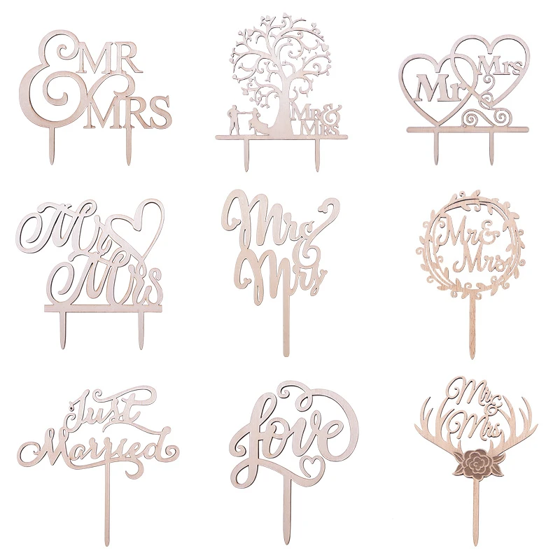 1Pcs Wedding Cake Topper Wood Mr& Mrs Just Married Decoration Bride Groom DIY Wedding Cake Decorations Engagement Party Supplies