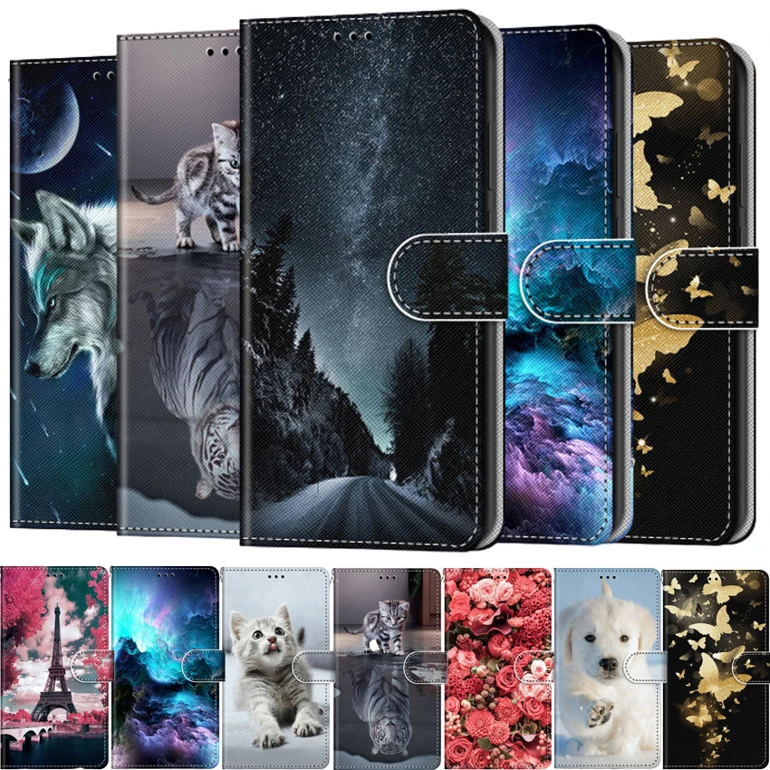 Flip Leather Phone Case For Redmi Note 9T 9 9S Pro 9A 9C Fundas Wallet Card Holder Stand Book Cover Cat Dog Painted Coque Capa