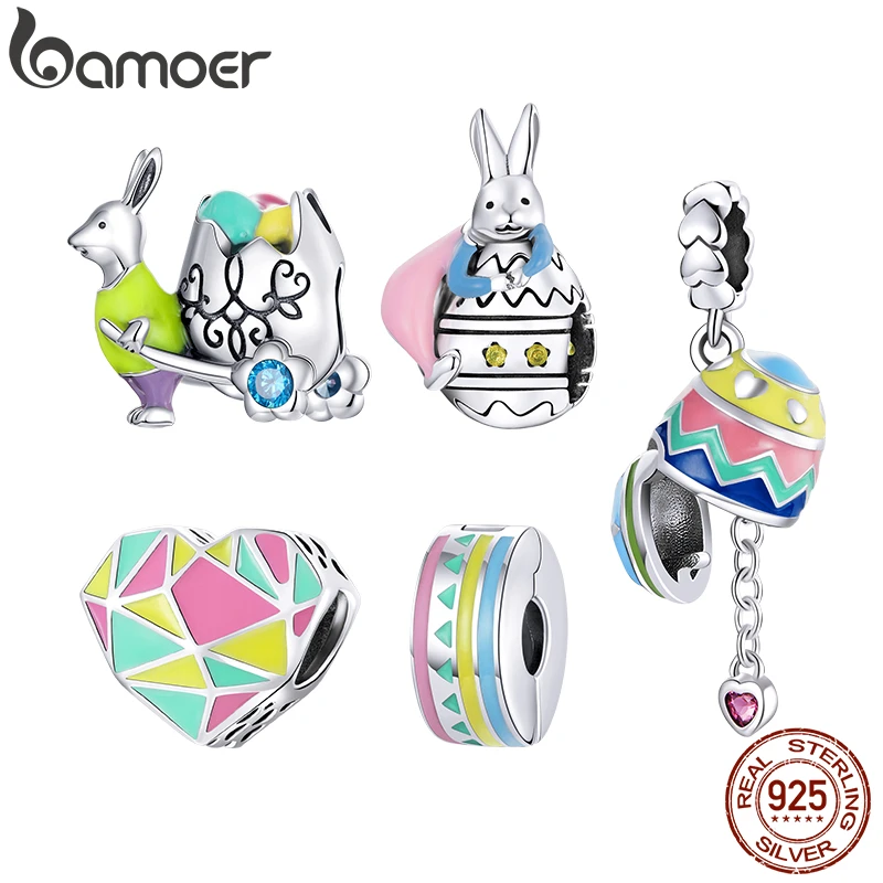 bamoer Real 925 Sterling Silver Easter Rabbit Eggs Colorful Heart Enamel Charm Original for DIY Jewelry Girls Kids gift SCC1754