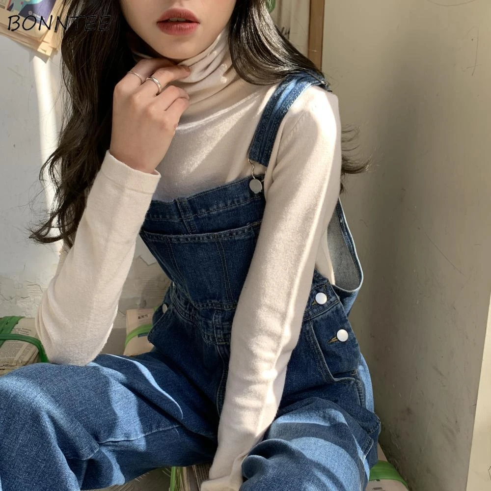Denim Jumpsuits Women Solid Basic Overalls BF Chic College High Street Office Lady Elegant Long New Hot Sale Blue Fashion 2021