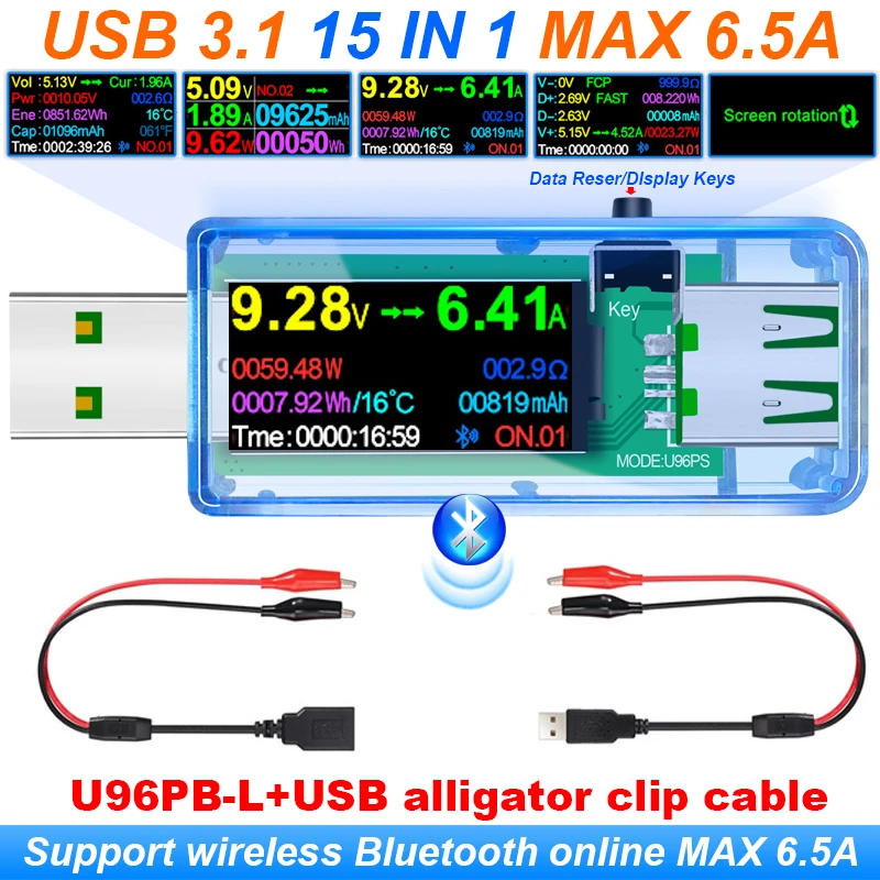 15 IN 1 USB 3.1 Tester DC Digital Voltmeter Amperimetor Voltage Current Meter Ammeter Detector Quick Charger Indicator 6.5A