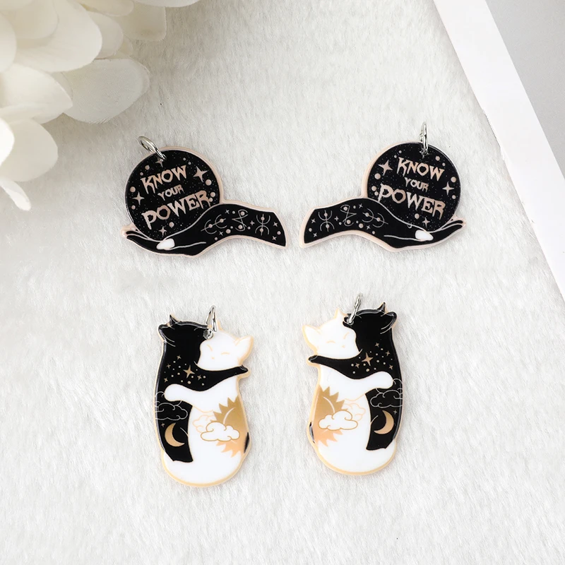 10Pcs Acrylic Printing Embrace Cats Charms Punk Style Know Your Power Crafts For Necklace Earring  Keychain  Diy Making  Pendant