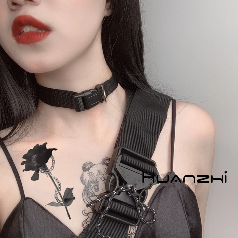 HZ Cool Girl Button 2019 New Cloth Adjustable Punk Gothic Choker Black Short Chain Metal Line Necklace for Women Jewelry Party