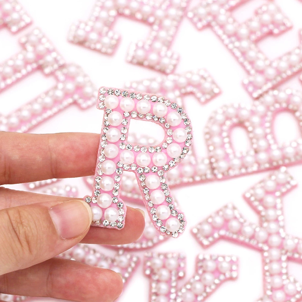 1Pcs Pink Bottom Pearl Letter Patches English Alphabet Rhinestone Patch Applique For Clothes Sew On Patches Stripe Badge DIYName