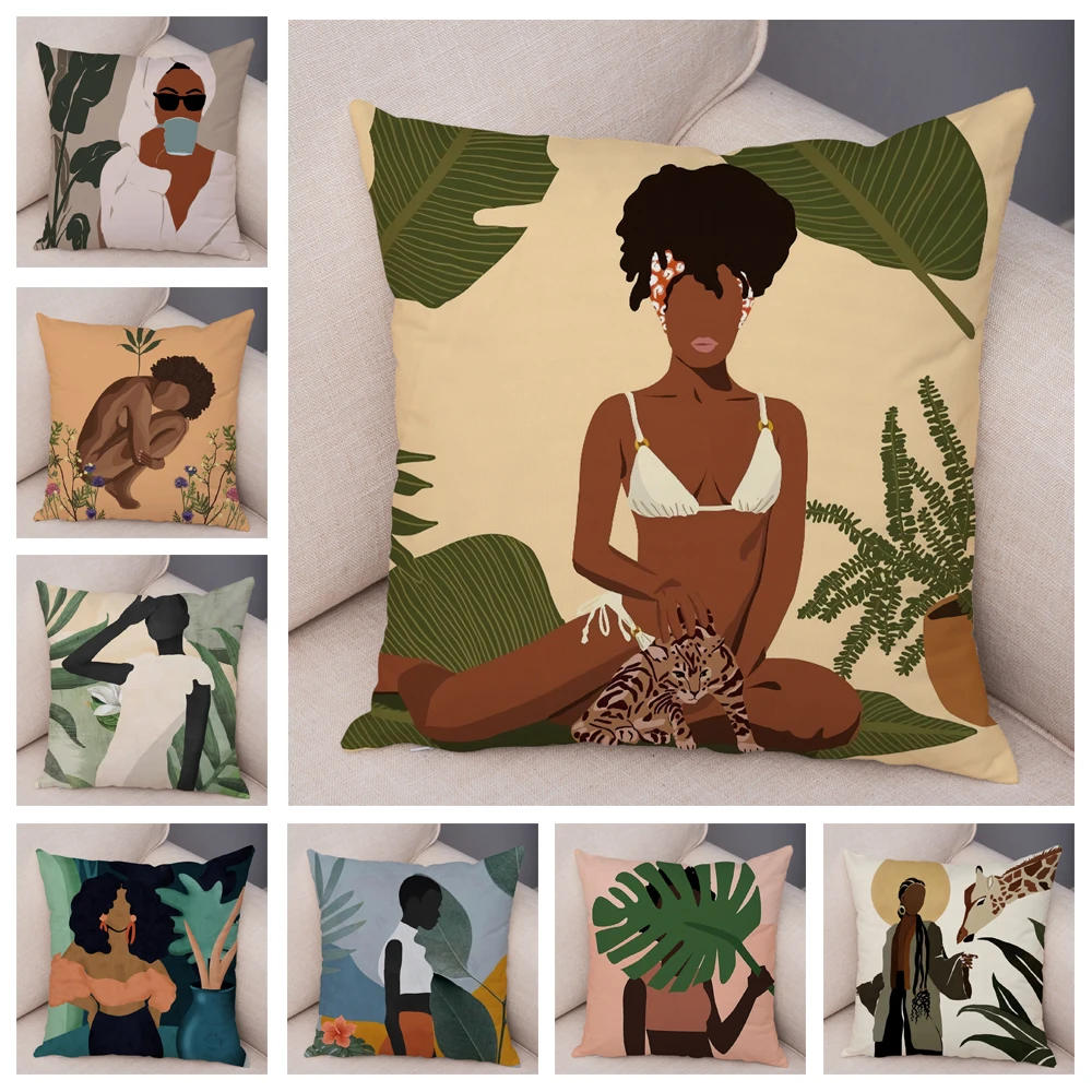 Soft Plush Black Africa Girl Pillow Case Decor Cartoon Geometric Beautiful Women Cushion Cover for Sofa Car Home Pillowcase