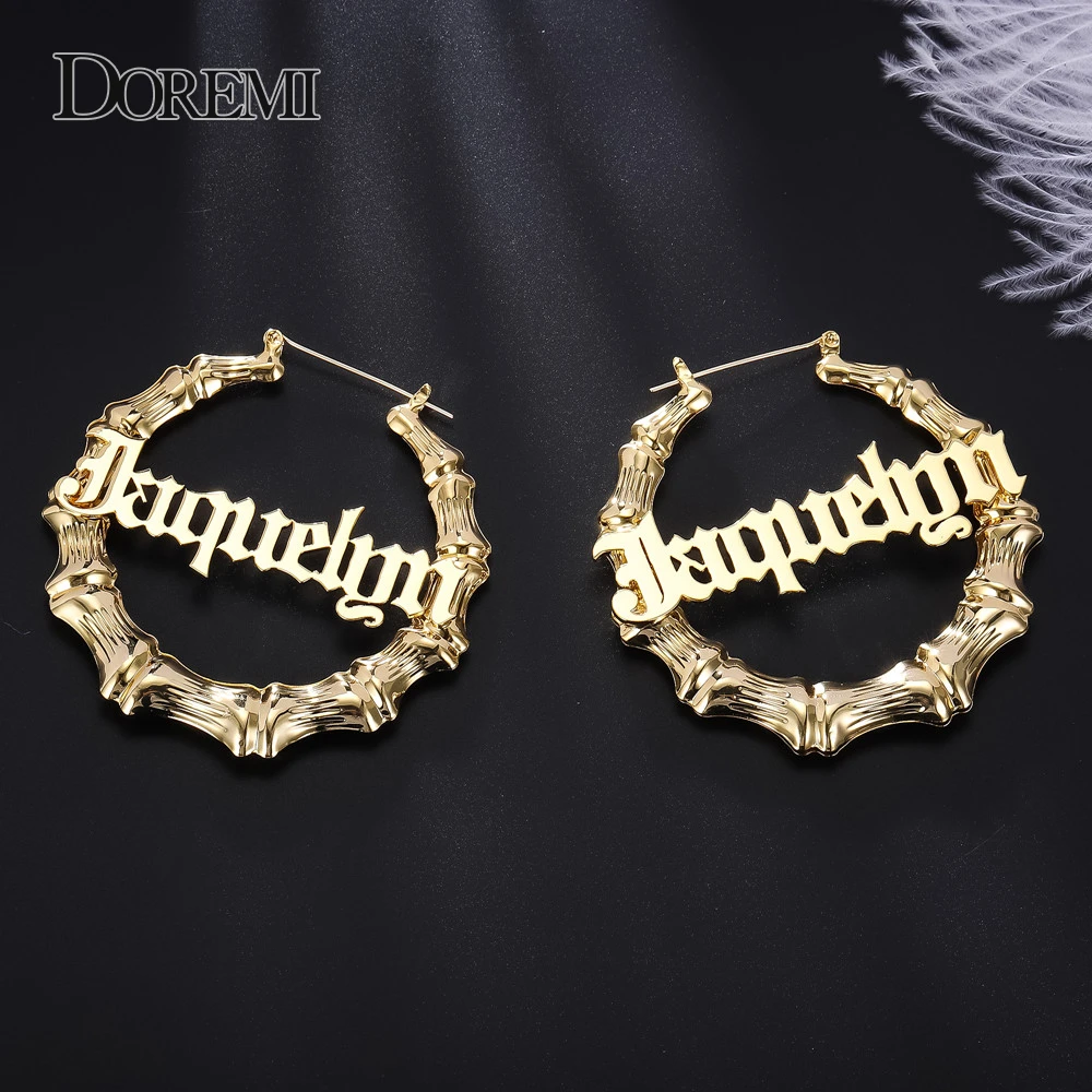 DOREMI Stainless Steel Bamboo Hoop Earrings Customize Name Earrings Bamboo Style Custom Hoop Earring With Statement Words Number