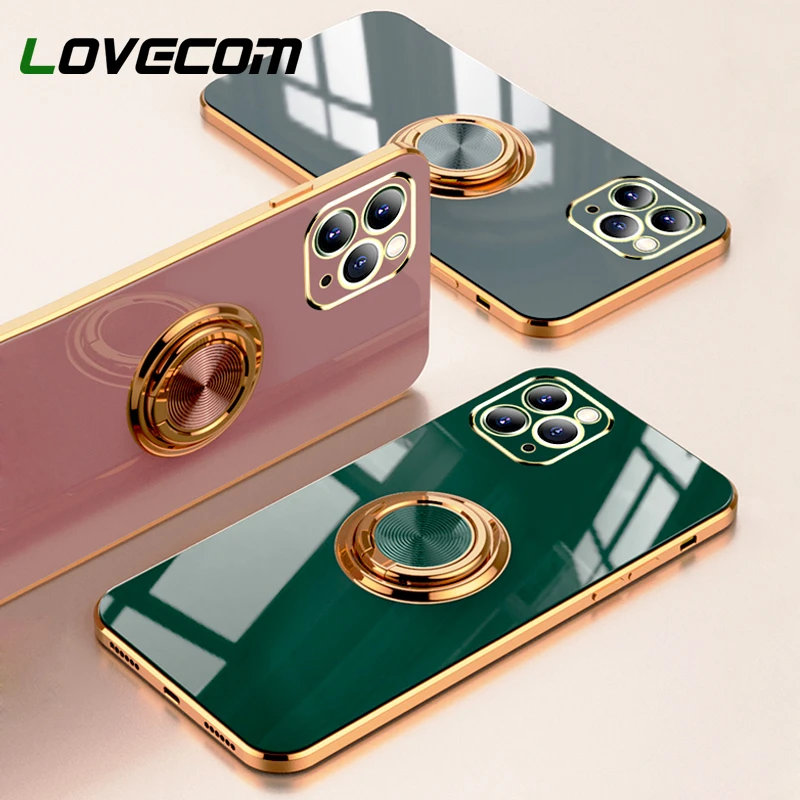 Plating Silicone Phone Case For iPhone 11 12 13 Pro Max 12 XS Max X XR 8 7 Plus Solid Color Metal Ring Holder Soft Phone Cover