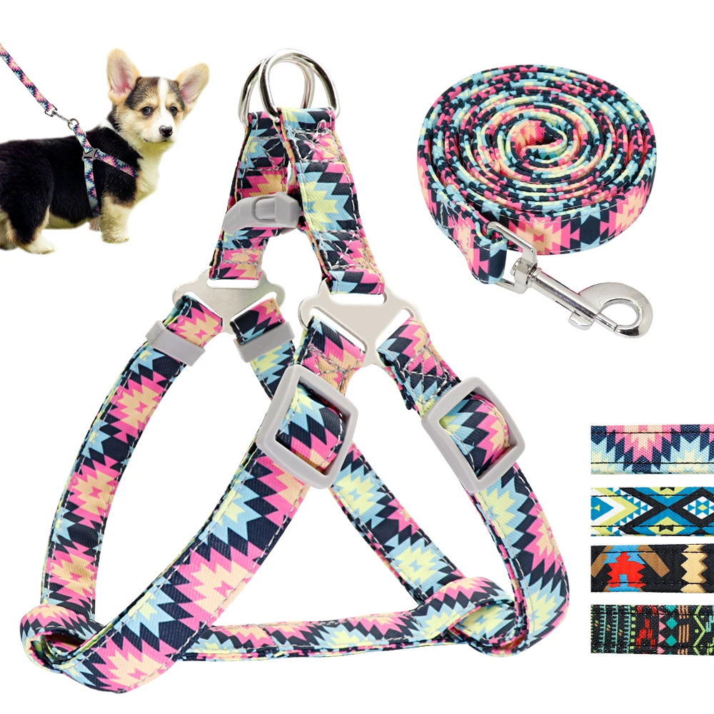 Adjustable Nylon Dog Harness Leash Set Printed Puppy Vest Pet Walking Training Leash Lead For Small Medium Dogs Chihuahua Perros
