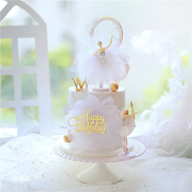 Romantic Chiffon Yarn skirt Ballet Girls Lace Flower Acrylic Cake Topper Happy Birthday Wedding Party Decoration Love Gift