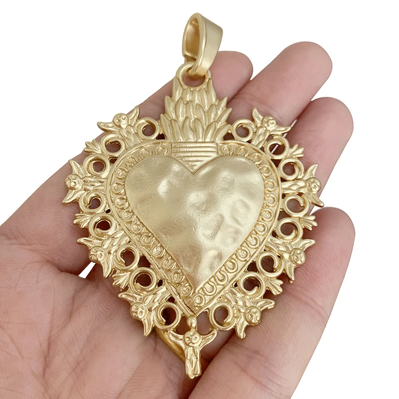 1 x Large Boho Filigree Heart Matt Gold Charms Pendants for Necklace Jewelry Making Accessories 81x56mm