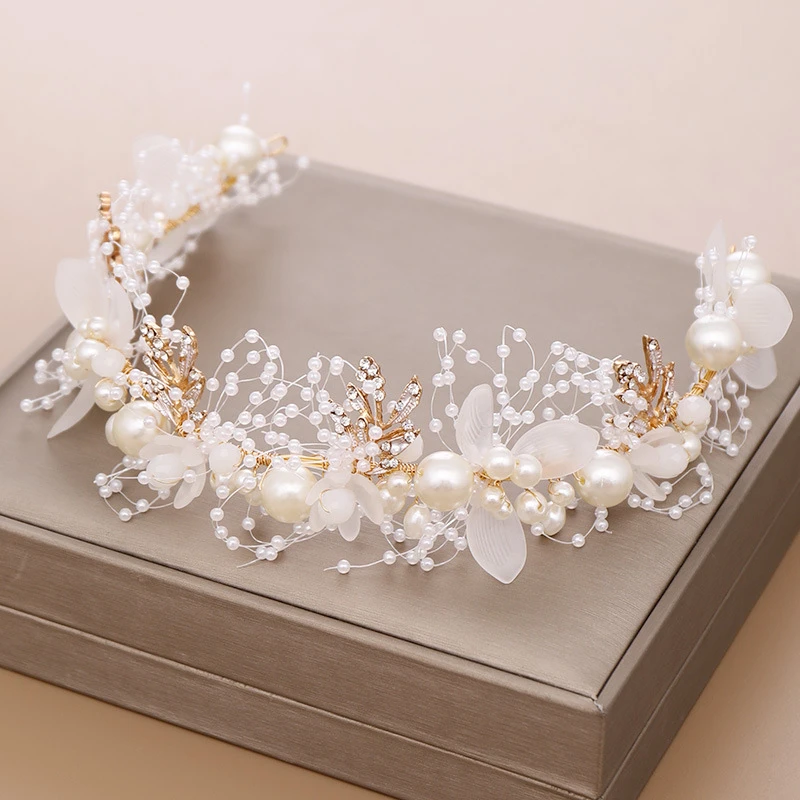 Gold Flower Pearl Headband Tiara Crown Wedding Bridal Princess Headbands Hair Jewelry Crystal Pearl Accessories Bride Headdress