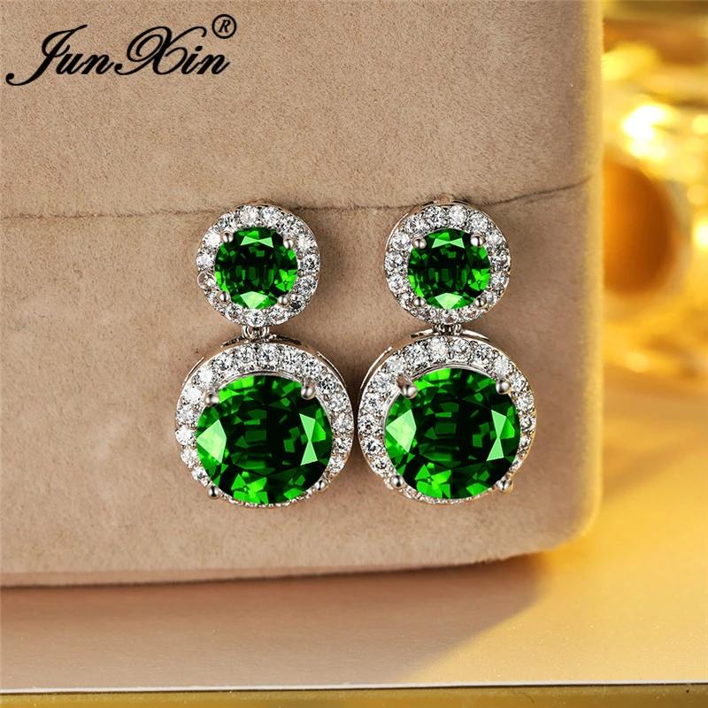 Luxury Austrian Crystal Round Earring White Gold Rainbow Green Blue Red Stone Stud Earrings For Women Wedding Studs Jewelry Gift