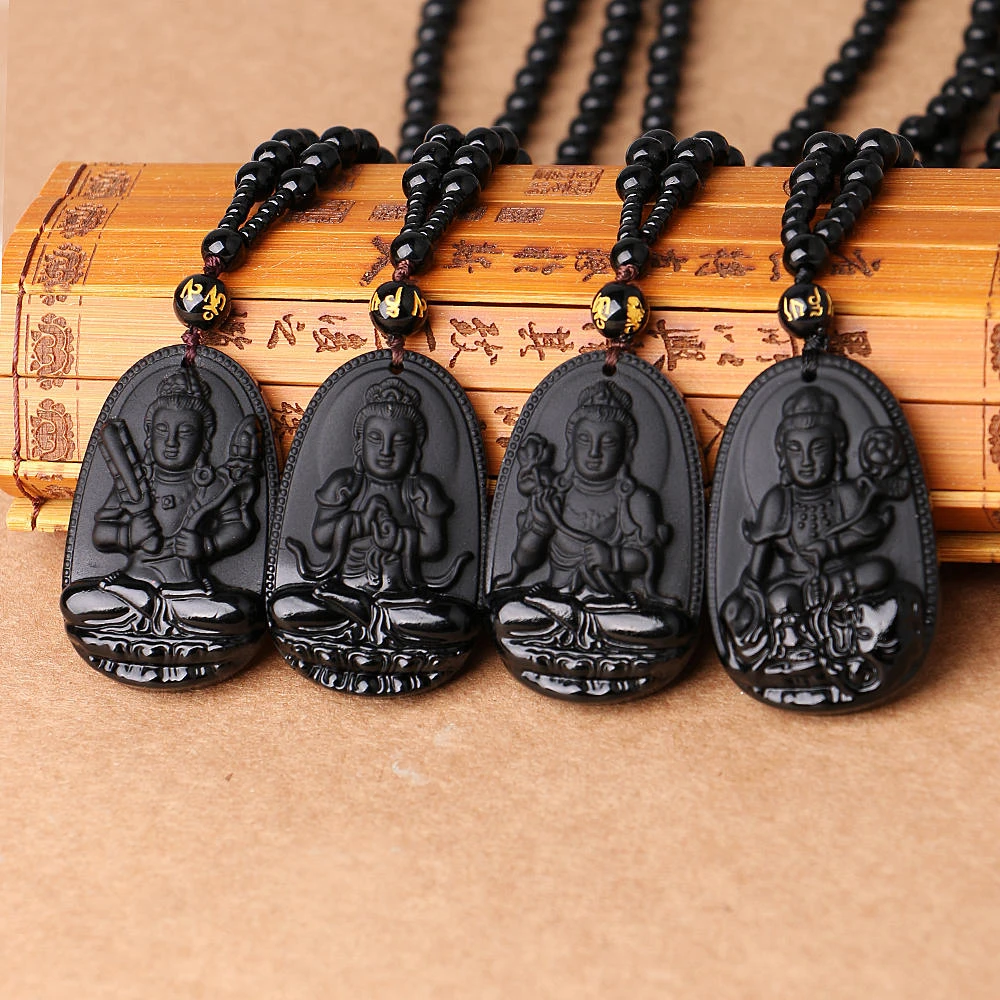 High Quality Unique Natural Black Obsidian Carved Buddha Lucky Amulet Pendant Necklace For Women Men Sweater Pendants Jewelry