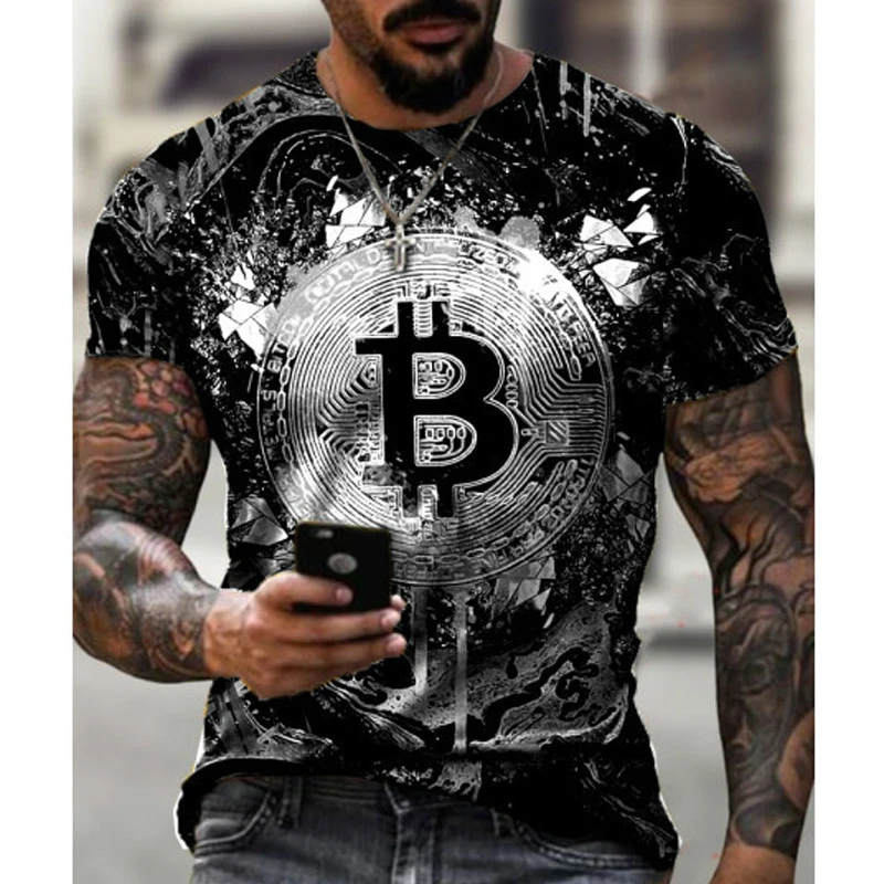 2021 Hot Loose Short Sleeve sports mens T-shirt big round neck bitcoin 3D printing leisure and breathable fitness men wear