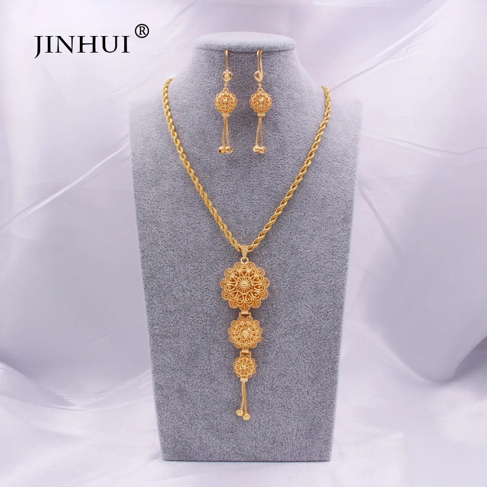 Jewelry sets 24K Ethiopian Gold Arabia Necklace Pendant Earring for women indian dubai African wedding Party bridal gifts set