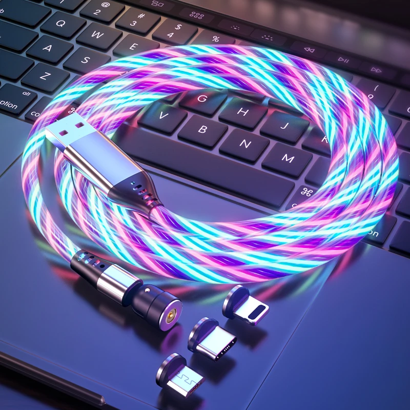 540 Rotation LED Lighting Magnetic USB Charging Cable Micro USB Type C Cable Charger Cable For IPhone Xiaomi Samsung