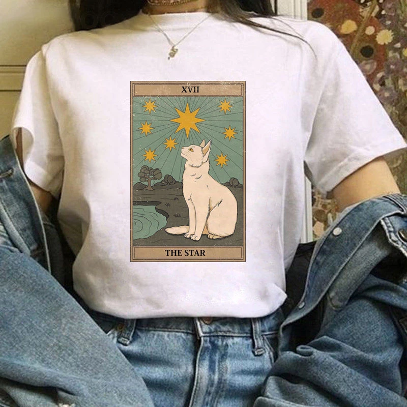 Fashion Tarot Cat Women Print T-shirts Female Cartoon Tops Tees kawaii Women Graphic T Shirt Cute T-Shirt Casual Tee Shirt Tees