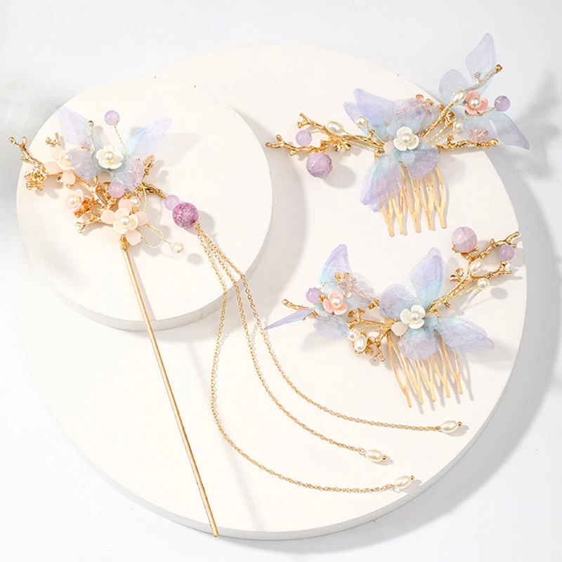 FORSEVEN Women Girls Flower Pearls Long Tassel Headpieces Hairpins Sticks Hair Combs Jewelry Sets Chinese Hair Accessories