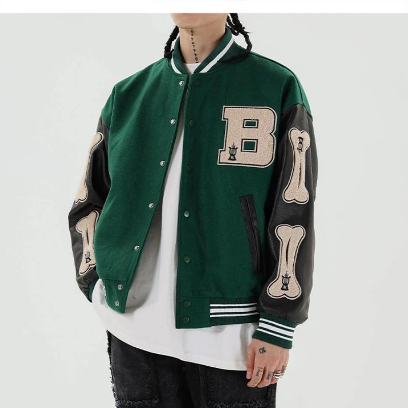 Mens Jackets Bone Letter Patchwork Harajuku Korea Style High Street Spring Autumn Baseball Coats Single-breasted Bomber Jacket