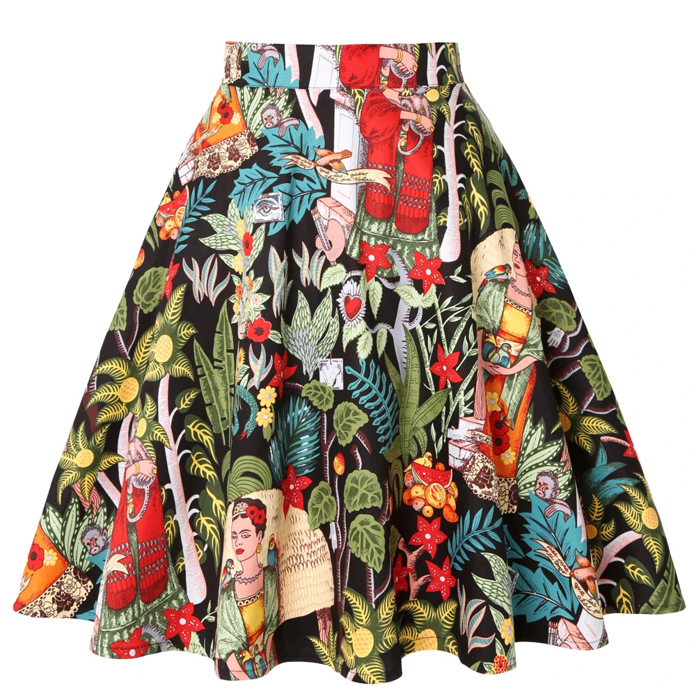 Cotton Black Skirts Vintage 50s 60s Flower Printed Summer Skirt 2021  Women High Waist Audrey Hepburn A Line Swing Skirts