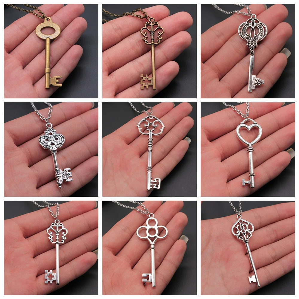 2 Colors Antique Silver Color Antique Bronze Color Vintage Key Pendant Necklace For Women Long Chain Metal Chain Necklace