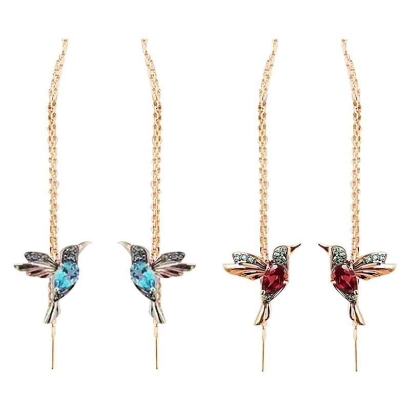 1 Pair Unique Long Drop Earrings Bird Pendant Tassel Crystal Pendant Earrings Ladies Jewelry Design Hummingbird Earring