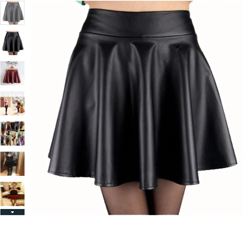 Womens PU Leather Miniskirts High Waist Flared Pleated Latex A-Line Circle Skirt Rave Dance Bottoms Sexy Clubwear Skirts