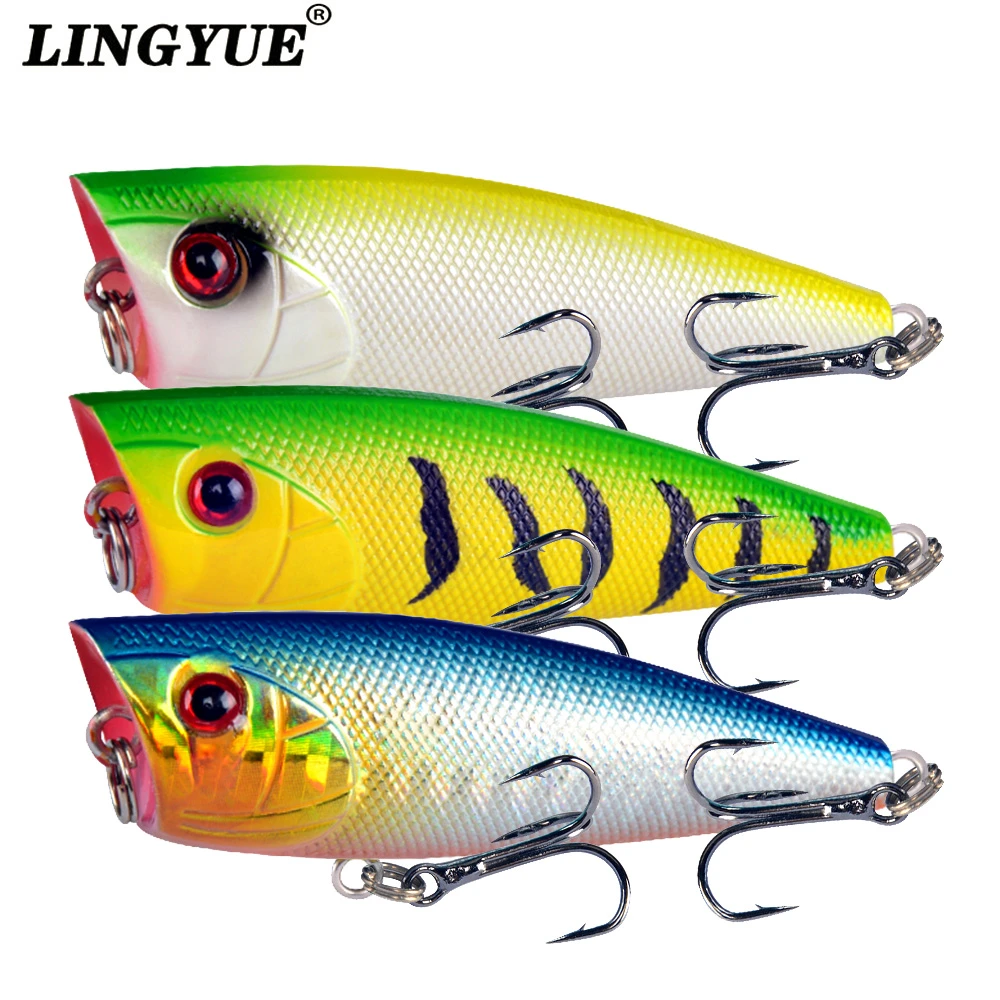 LINGYUE Popper Lure 60mm 7g Topwater Bait Isca Artificial Rattle Wobbler Crankbait 6# Hooks Fishing Tackle Pesca For Perch