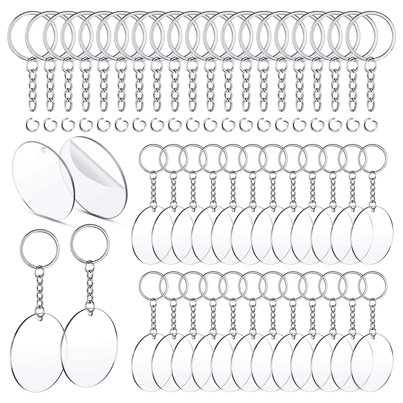 150 Pcs 2 Inches Acrylic Transparent Discs and Key Chains Set, Clear Blank Acrylic Discs Round Keychain for DIY Projects