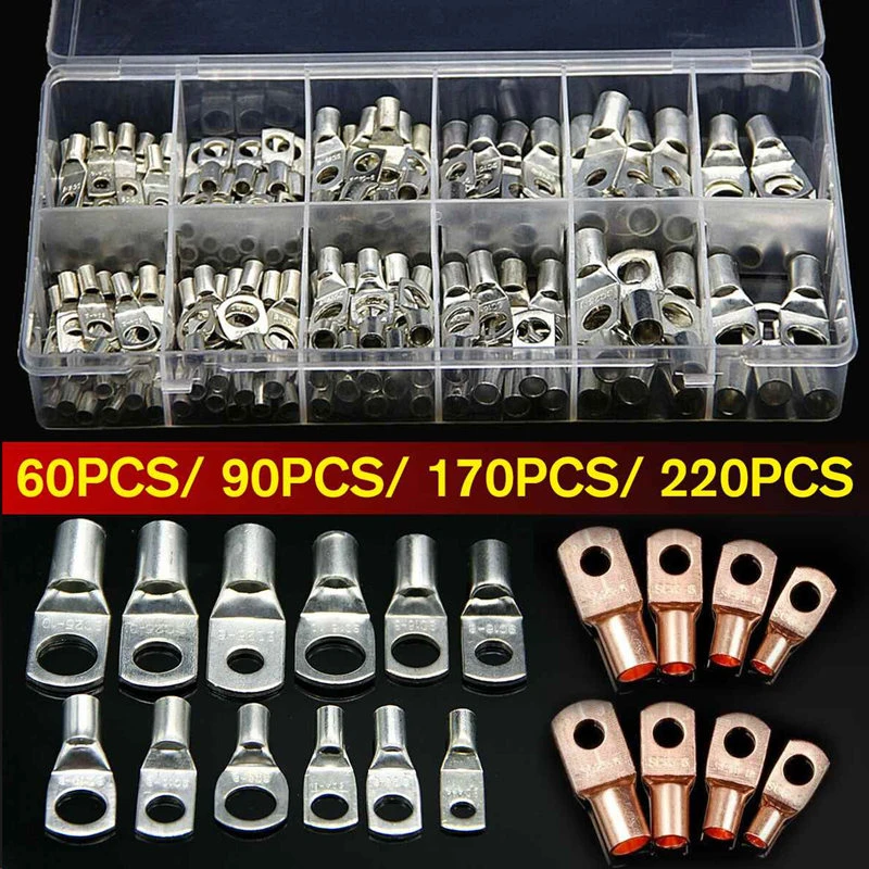 Copper Cable Lugs Ring Terminals Kit with Box SC6-SC25 Tinned Cable Lugs Battery Bare Cable Wire Connectors 60/ 90/170/220Pcs