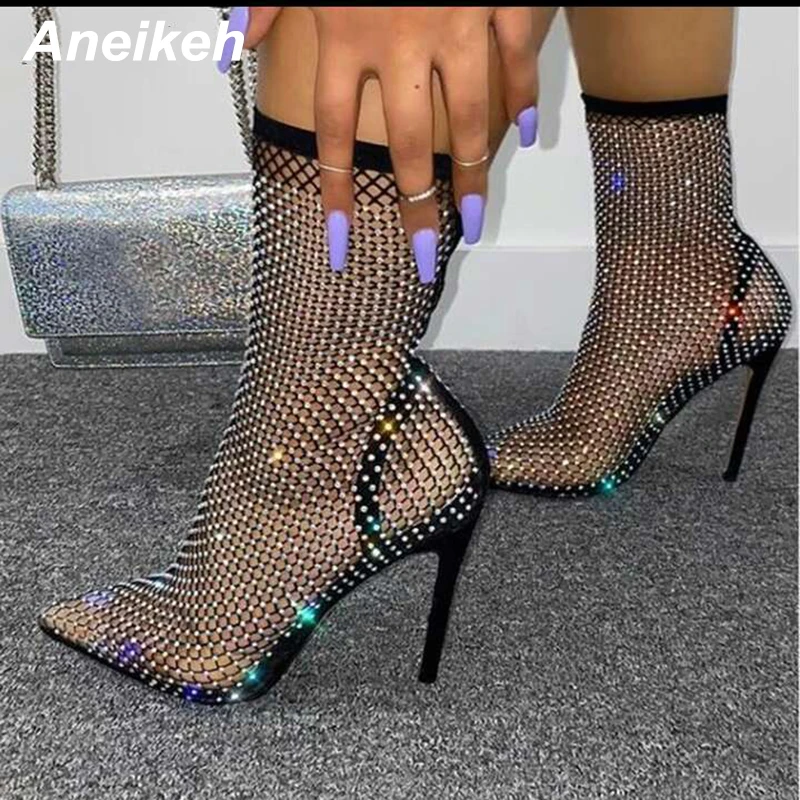 Aneikeh Summer Bling Bling Rhinestone Mesh Pointed toe Sandals Ankle Boots Stiletto High Heels Female Crystal Mesh Shoes Sandals
