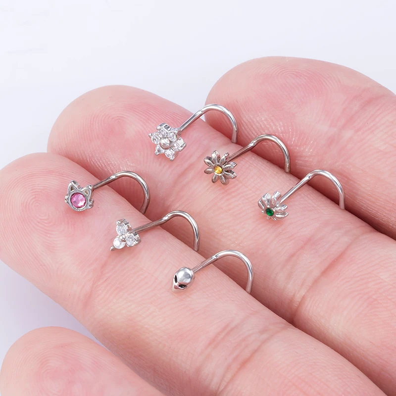 1pc CZ Crystal Nose Stud Piercing Stainless Steel Nose Rings Nostril Screw L Shape Nariz Studs for Women Body Jewelry Gift 20G