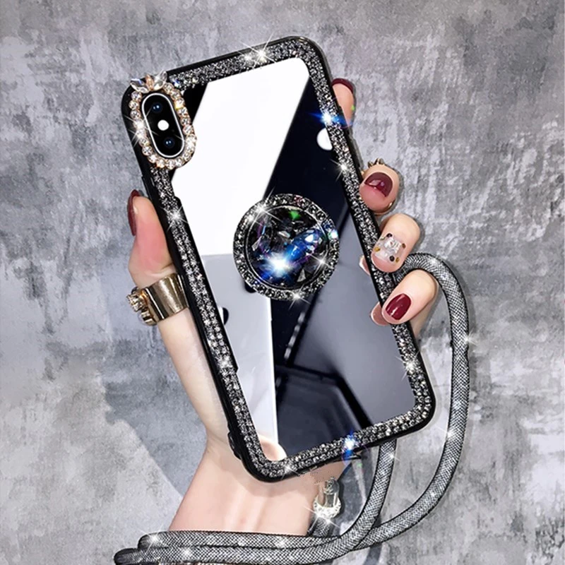 Phone Case For Huawei P30 Lite P50 P40 P20 Pro Lite Enjoy 20 Pro 10S 9 Plus 9S Z Crystal Makeup Mirror Diamond Finger Ring Coque