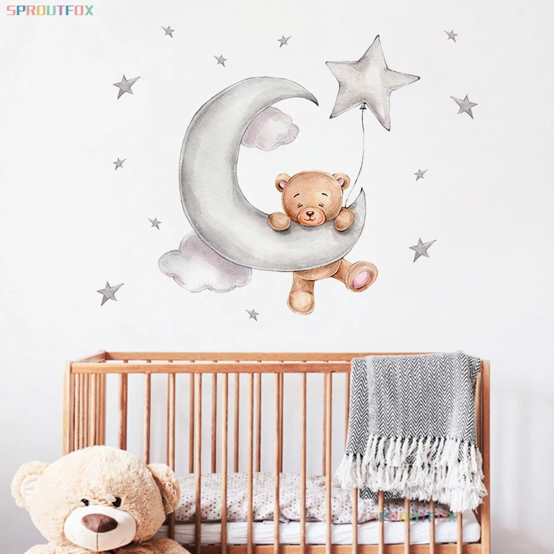 Moon Cloud Big Wall Stickers For Kids Rooms Boys Stars Large Wall Stickers For Children's Room Bear Bedroom Decoration