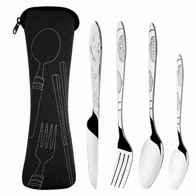 3Pcs/4Pcs Steel Knifes Fork Spoon Set Family Travel Camping Cutlery Tableware Eyeful Four-piece Dinnerware Set with Case