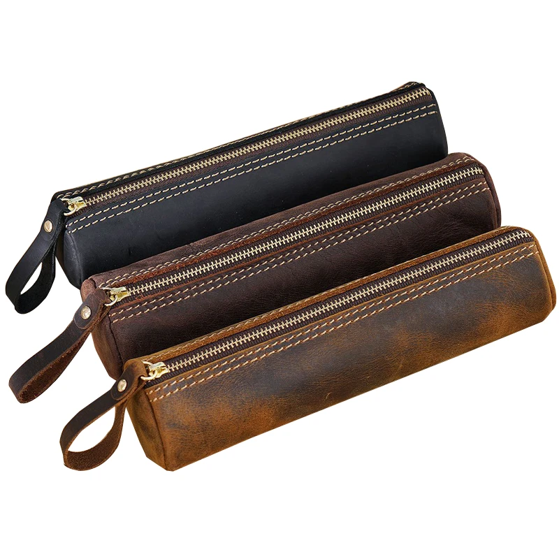 Pencil Bag Handmade Genuine Leather Zipper Pen Case Vintage Retro Style Cowhide School Office Stationery Bag Gift