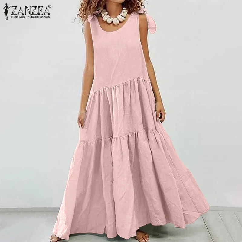 ZANZEA 2021 Elegant Sleeveless Summer Dress Women's Tank Sundress Casual O Neck Solid Maxi Vestidos Female Linen Robe Femme